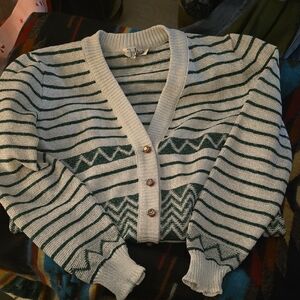 Vintage Dalton Cardigan WStriped Green and White Sweater